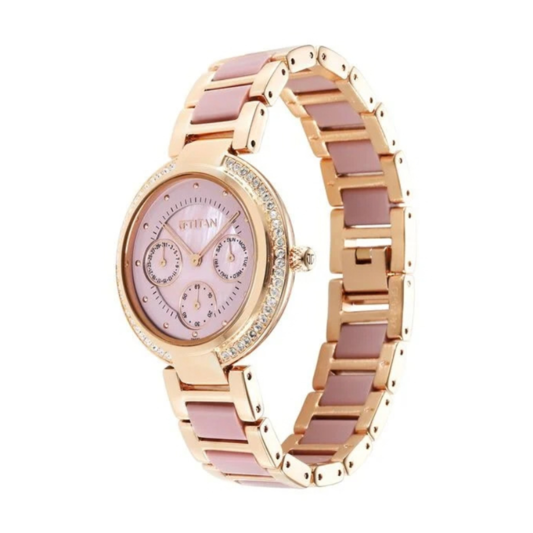 Titan 95187KD02 | Titan Purple Acetate Quartz Multifunction Mother of Pearl Dial Two Toned Metal With Plastic Strap Watch For Women
