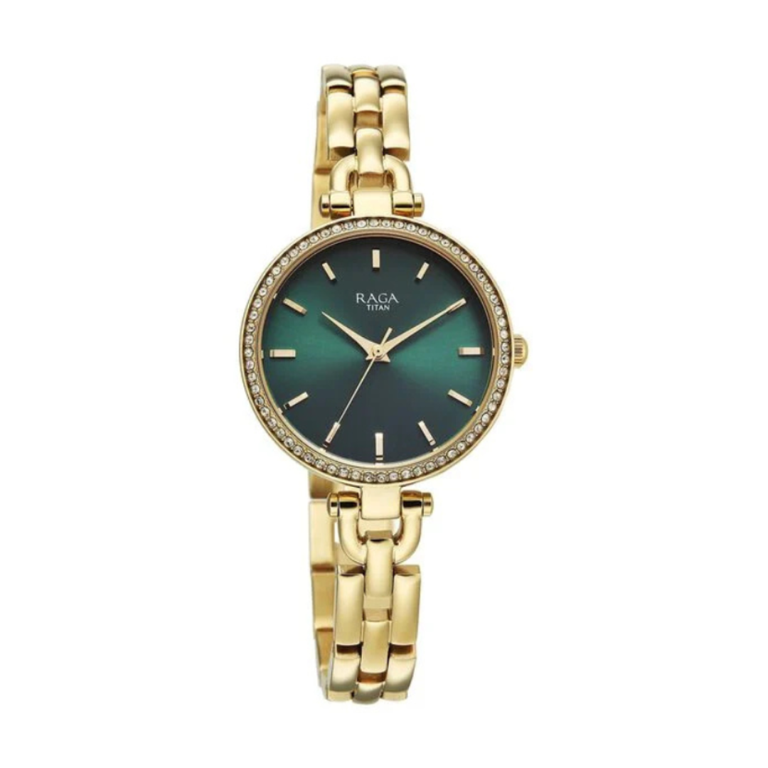 Titan 95345YM01 | Titan Raga Showstopper Quartz Analog Green Dial Golden Metal Strap Watch For Women