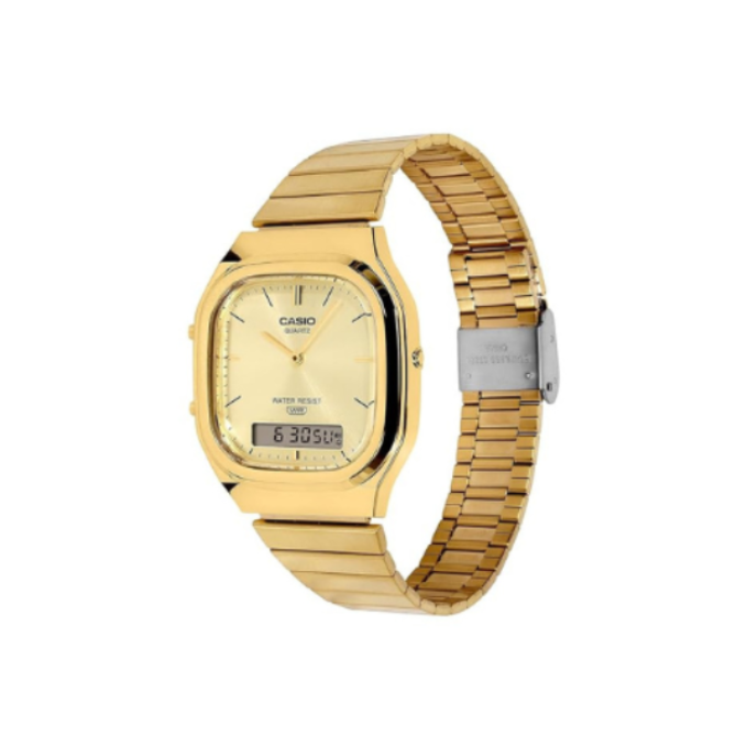 Casio AQ-240EG-9A D421 | Vintage Unisex Quartz Gold Dial Analog-Digital Stainless Steel Watch