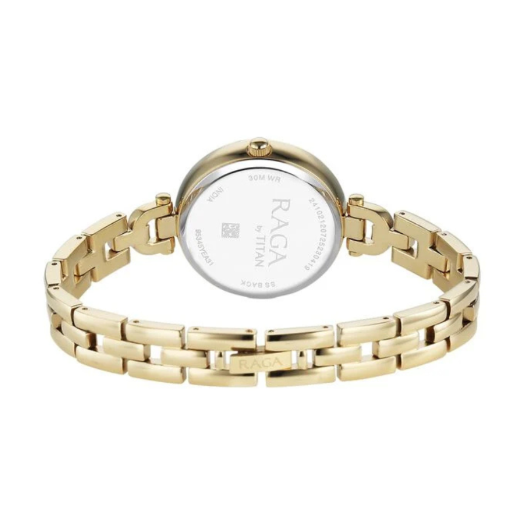 Titan 95345YM01 | Titan Raga Showstopper Quartz Analog Green Dial Golden Metal Strap Watch For Women