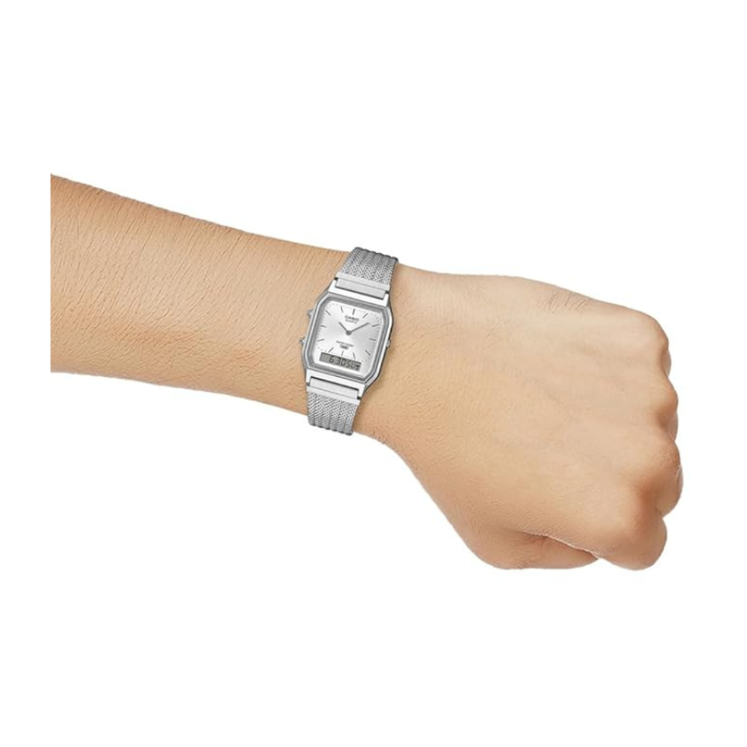 Casio AQ-230EM-7ADF D418 | Classics Men Quartz Silver Dial Analog-Digital Stainless Steel Watch