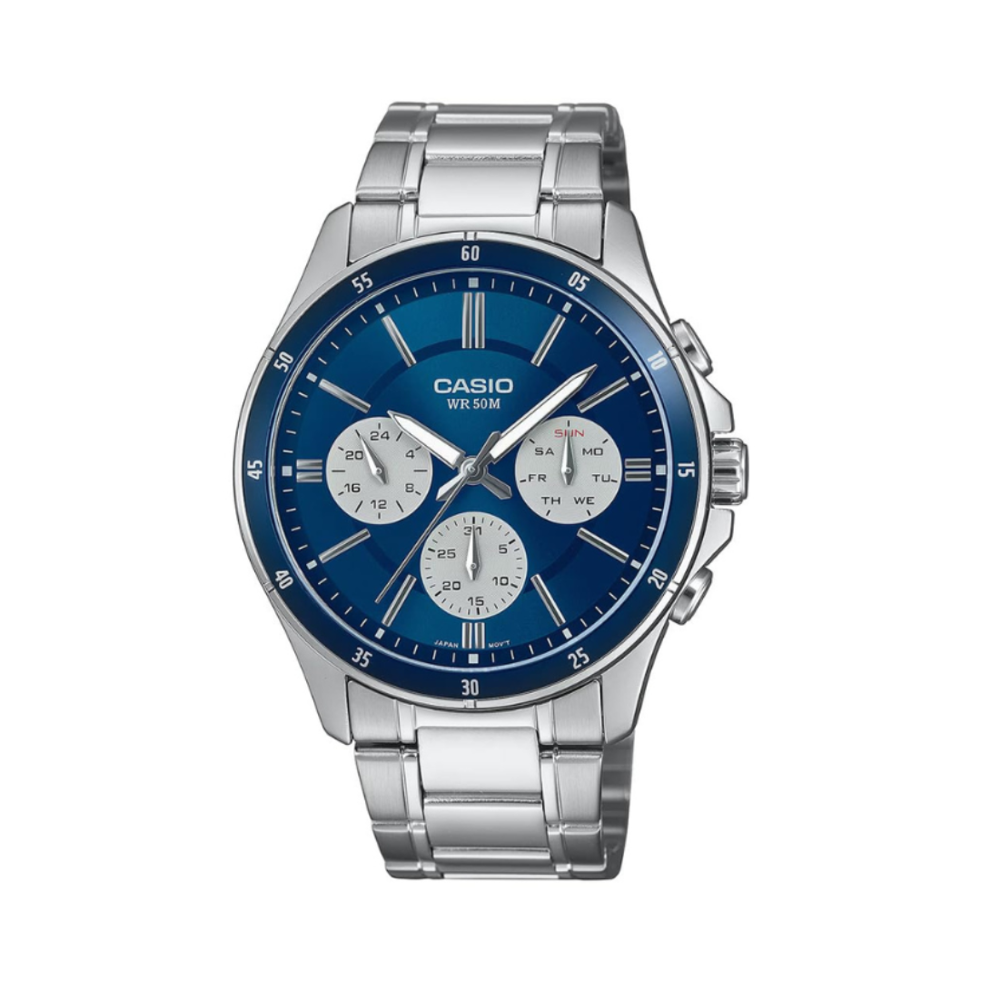 Casio MTP-1374D-2A3VDF A2346 | Enticer Men Quartz Blue Dial Multi-Function Stainless Steel Watch