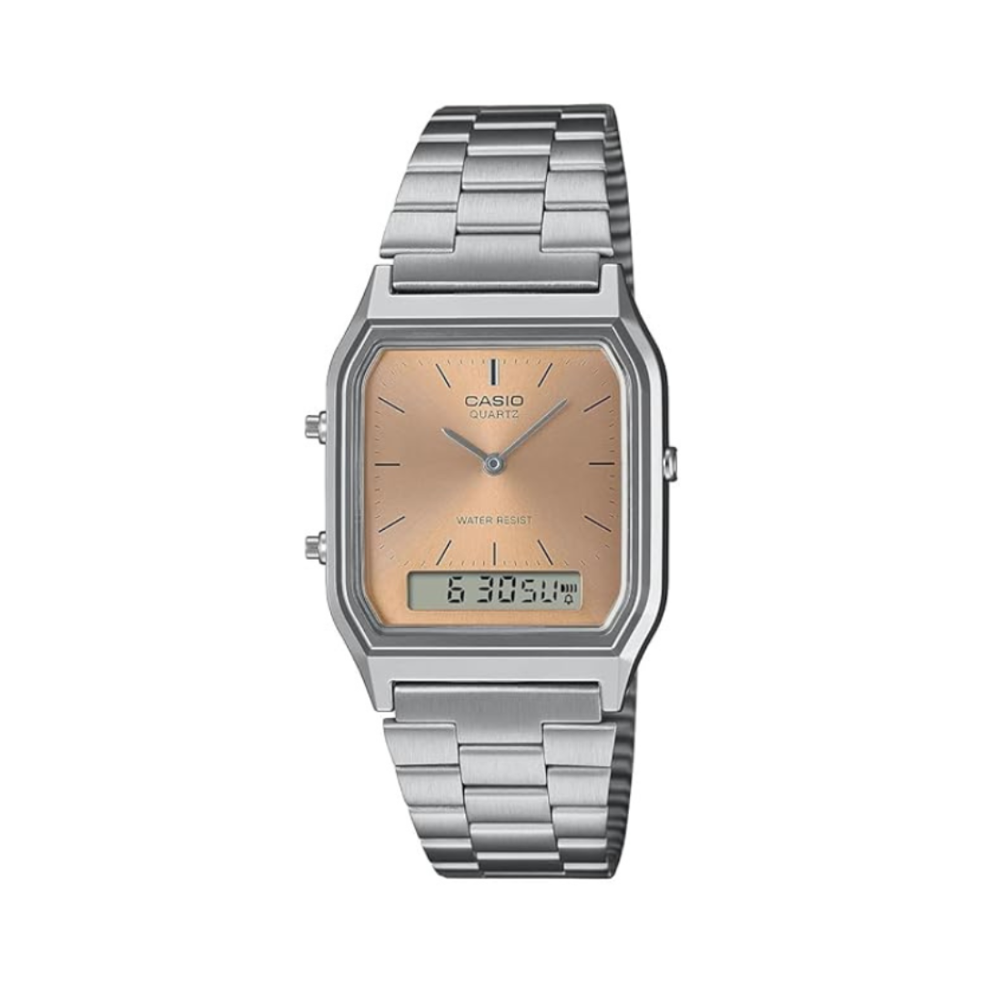 Casio AQ-230A-4AMQYDF AD279 | Vintage Unisex Quartz Orange Dial Analog-Digital Stainless Steel Watch