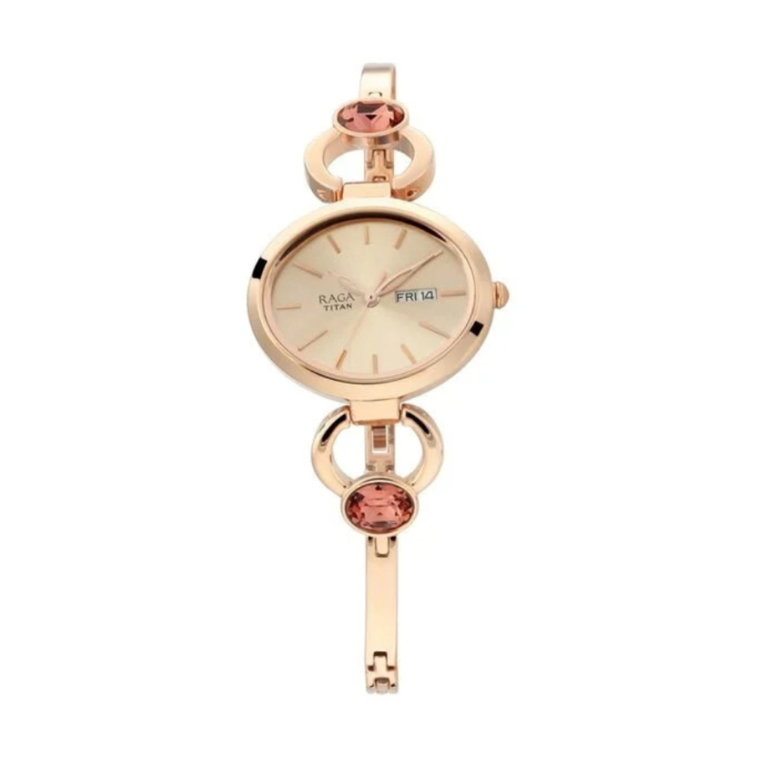 Titan 2621WM01 | Titan Raga Viva Rose Gold Dial Analog with Day and Date Metal Strap Watch for Women