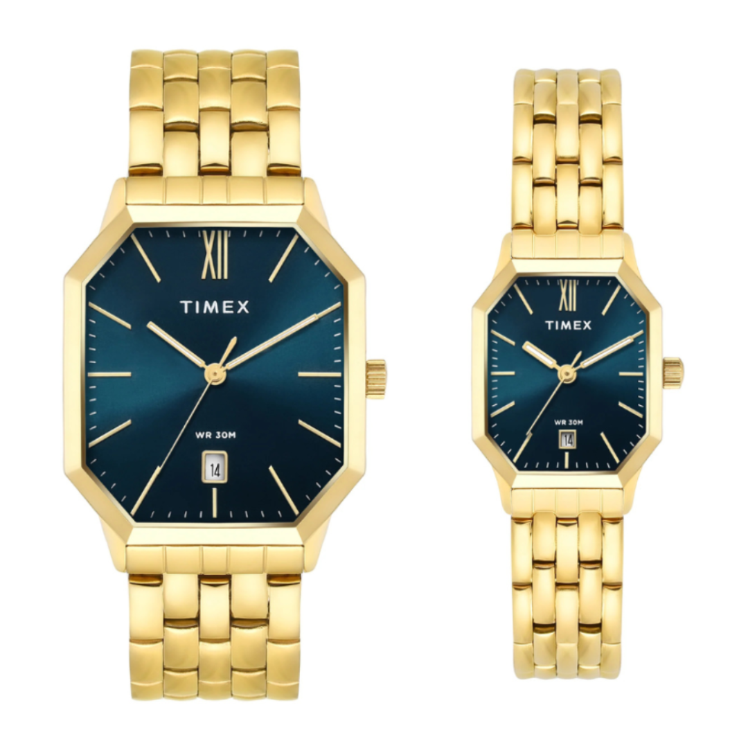 Timex TW00PR356 | Timex Octagonal 34mm Teal Dial Analog Pair Watch.