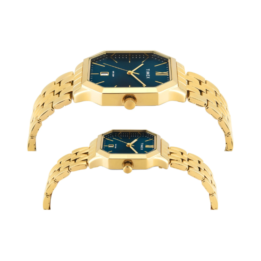 Timex TW00PR356 | Timex Octagonal 34mm Teal Dial Analog Pair Watch.