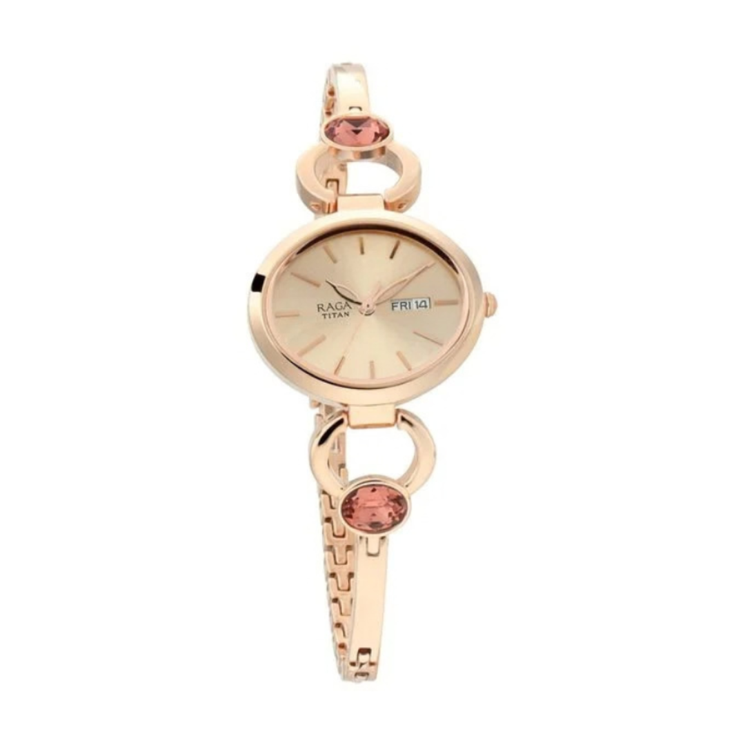 Titan 2621WM01 | Titan Raga Viva Rose Gold Dial Analog with Day and Date Metal Strap Watch for Women