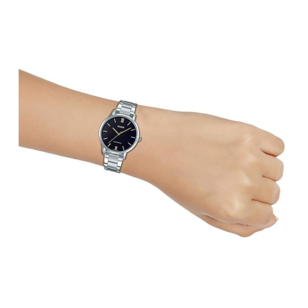 Casio LTP-VT01D-1BUDF A1622 | Enticer Women Quartz Black Dial Analog Stainless Steel Watch