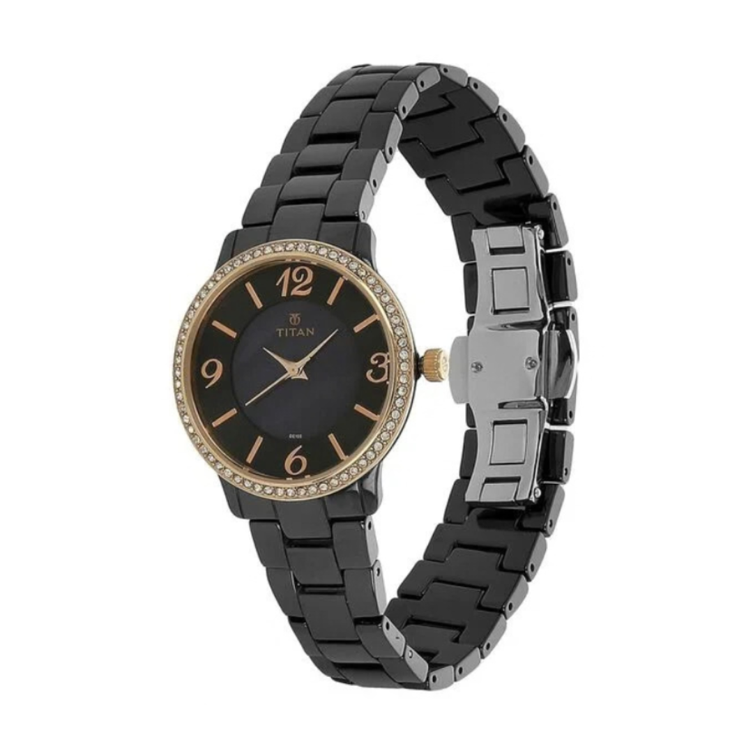Titan 95017KC02J | Titan Quartz Analog Black Dial Ceramic Strap Watch for Women.
