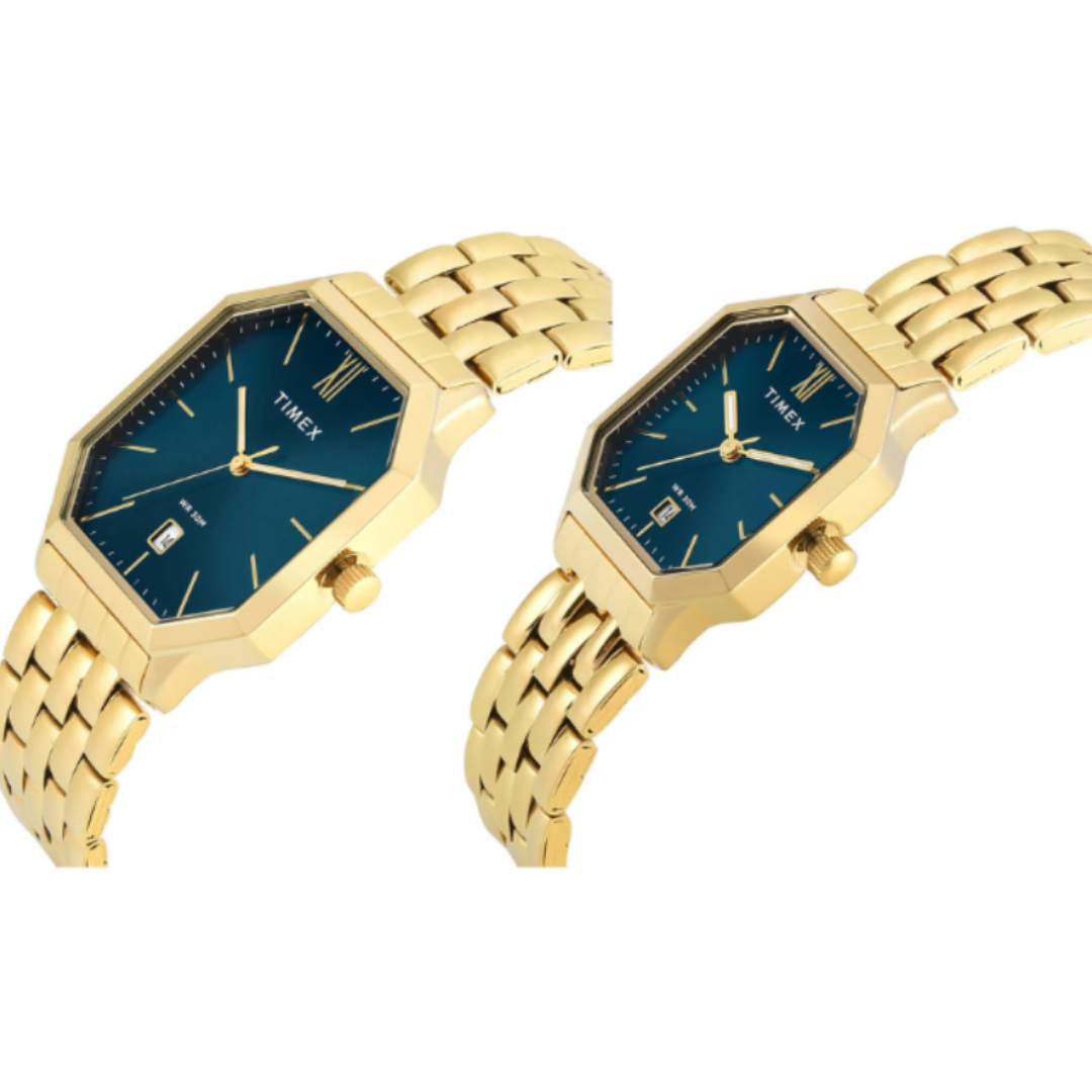 Timex TW00PR356 | Timex Octagonal 34mm Teal Dial Analog Pair Watch.