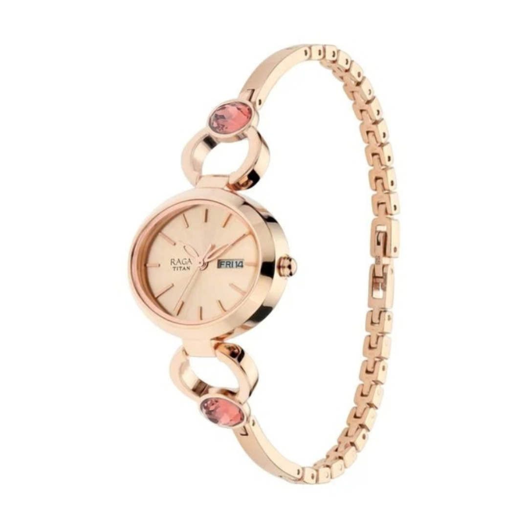 Titan 2621WM01 | Titan Raga Viva Rose Gold Dial Analog with Day and Date Metal Strap Watch for Women