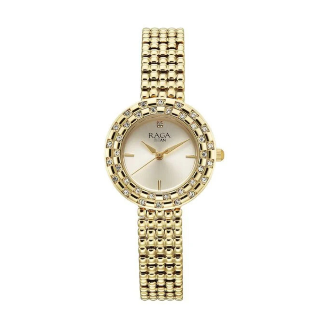 Titan 95350YM01 | Titan Raga Showstopper Quartz Analog Champagne Dial Metal Strap Watch For Women