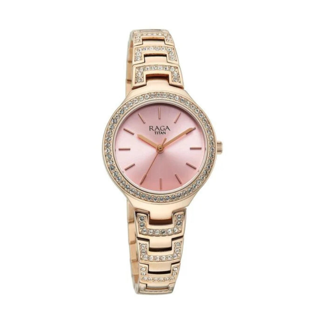 Titan 95428WM01 | Titan Raga Spotlight Quartz Analog Pink Dial Rose Gold Metal Strap Watch For Women