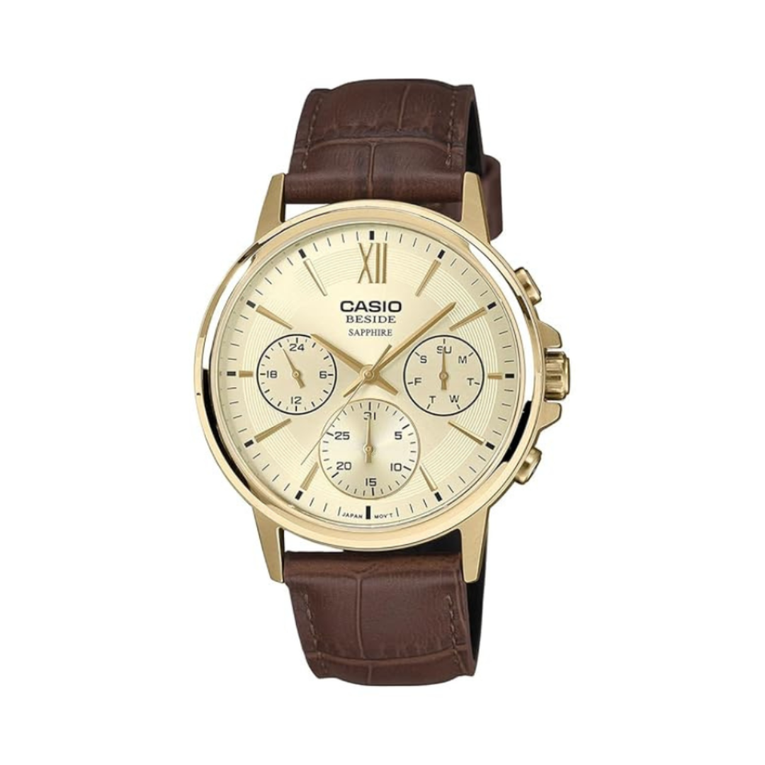 Casio BMS-300GL-5AVDF A2543 | Men Quartz Gold Dial Analog Leather Watch