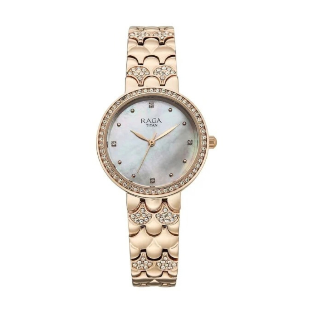 Titan 95422WM01 | Titan Raga Spotlight Quartz Analog White Dial Rose Gold Metal Strap Watch For Women