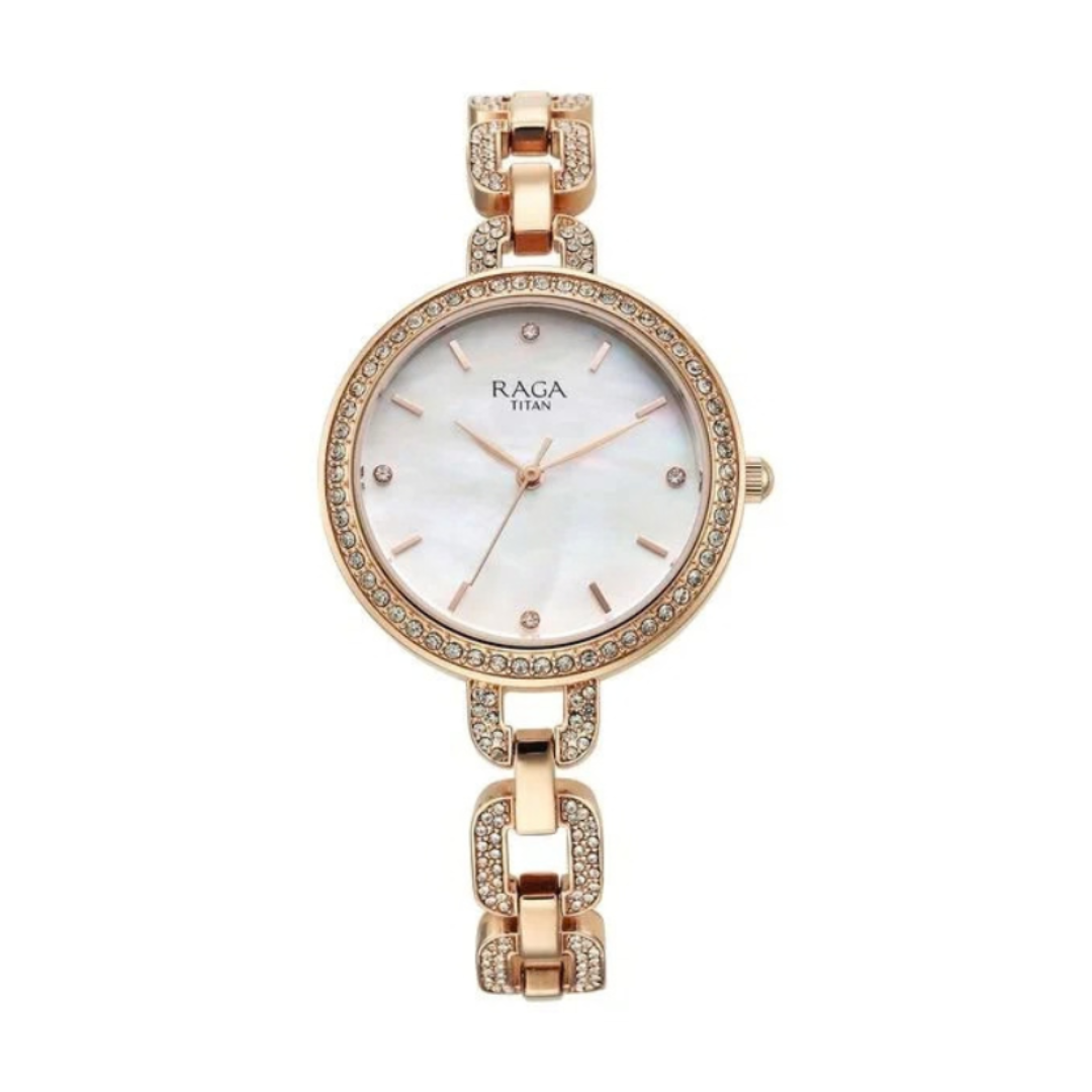 Titan 95272WM01 | Titan Raga Showstopper Quartz Analog Mother Of Pearl Dial Rose Gold Metal Strap Watch For Women