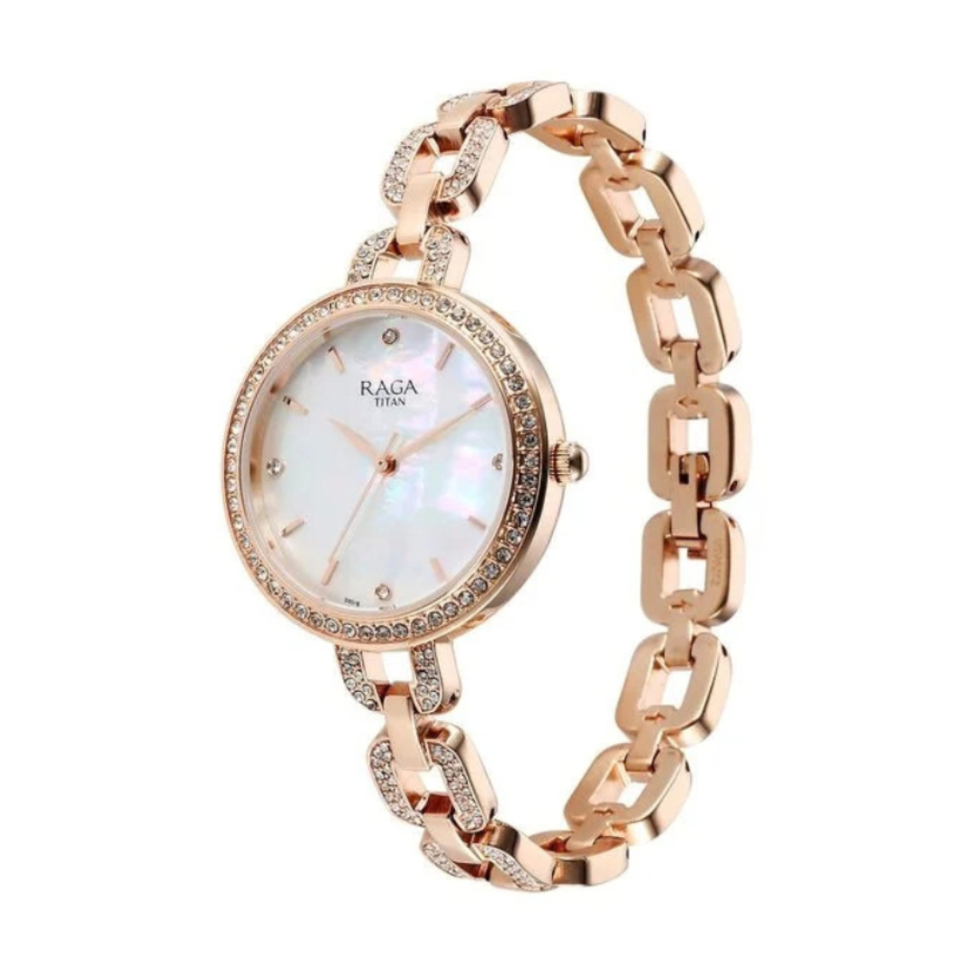 Titan 95272WM01 | Titan Raga Showstopper Quartz Analog Mother Of Pearl Dial Rose Gold Metal Strap Watch For Women