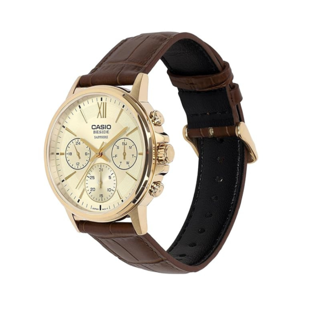 Casio BMS-300GL-5AVDF A2543 | Men Quartz Gold Dial Analog Leather Watch