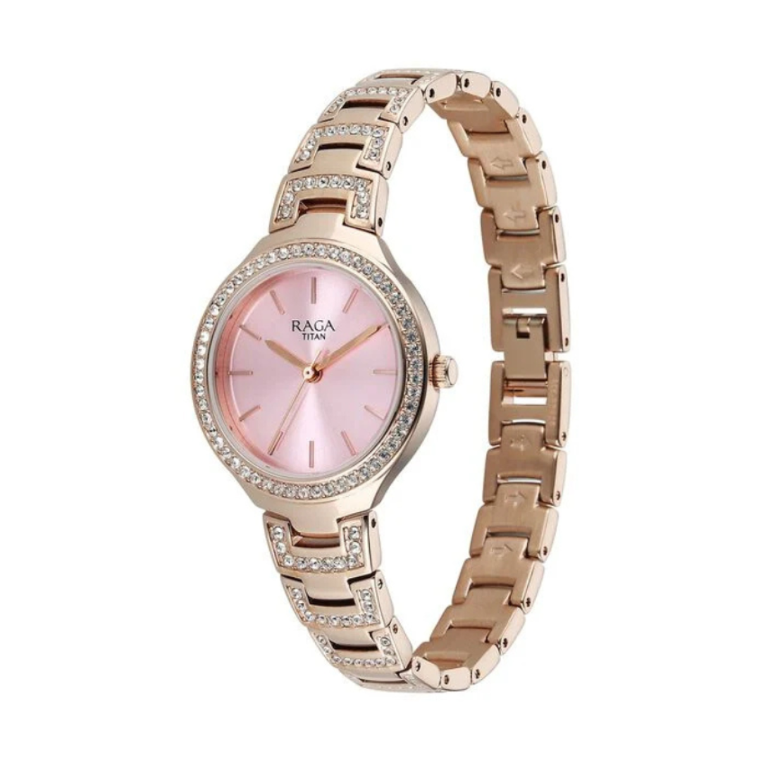 Titan 95428WM01 | Titan Raga Spotlight Quartz Analog Pink Dial Rose Gold Metal Strap Watch For Women