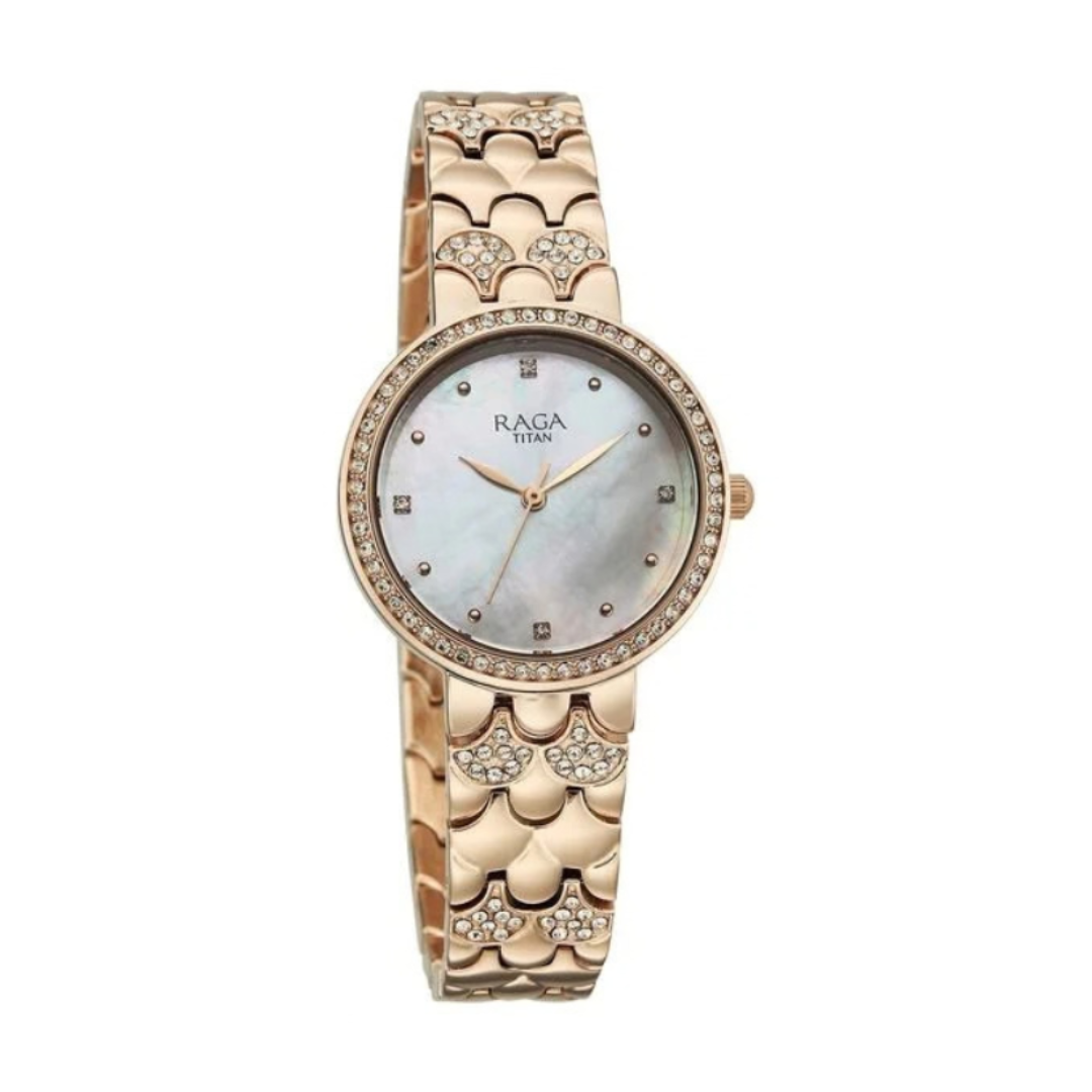 Titan 95422WM01 | Titan Raga Spotlight Quartz Analog White Dial Rose Gold Metal Strap Watch For Women