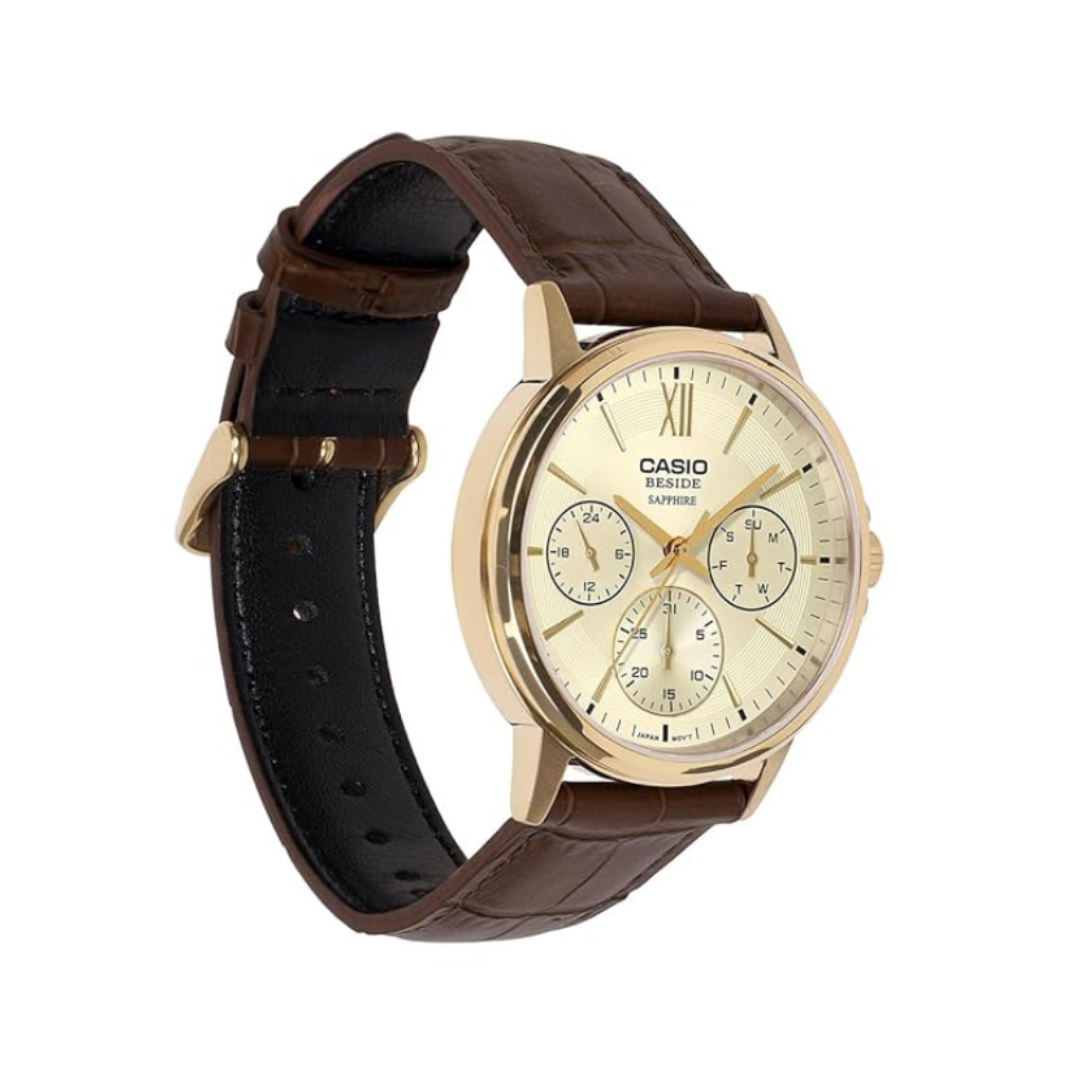 Casio BMS-300GL-5AVDF A2543 | Men Quartz Gold Dial Analog Leather Watch
