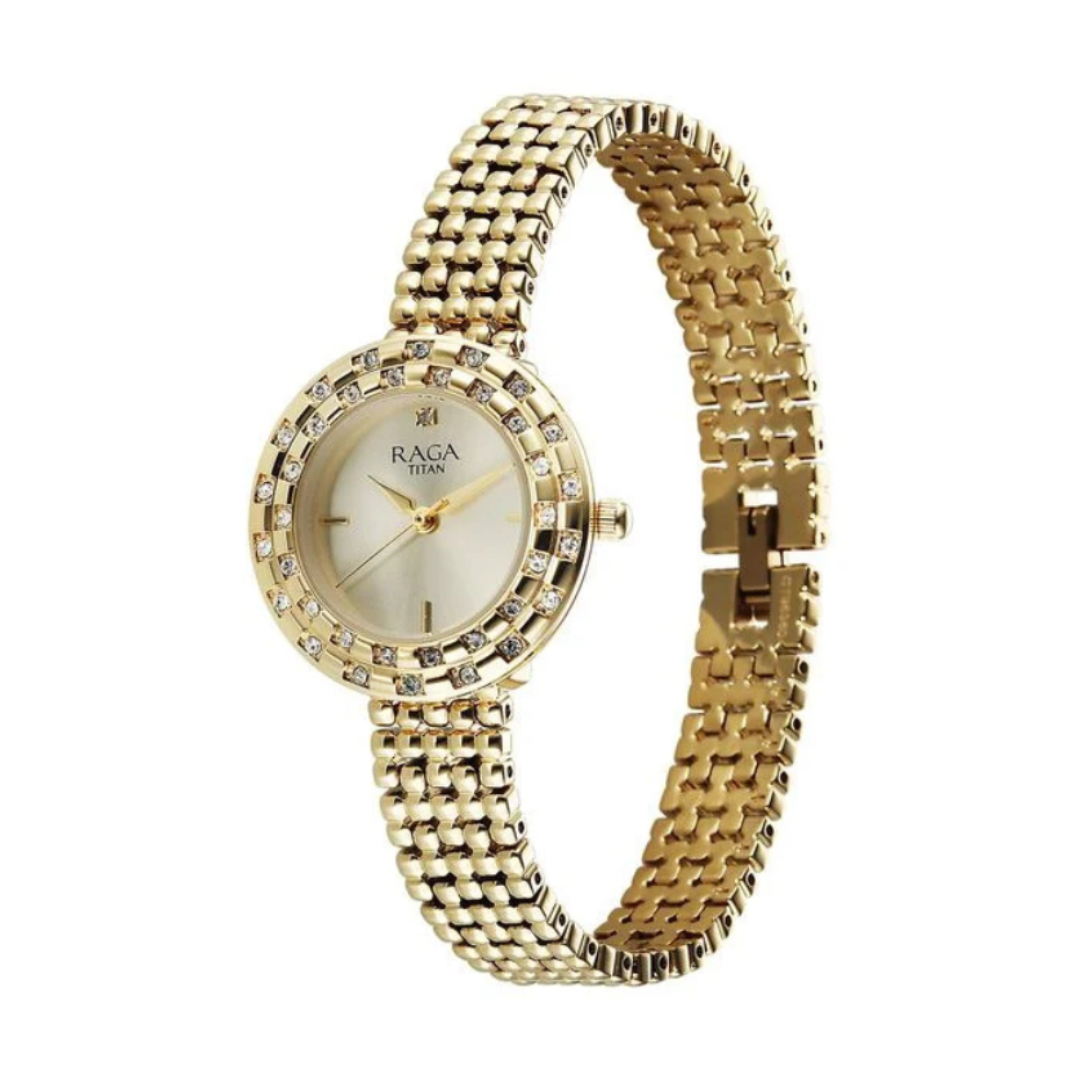 Titan 95350YM01 | Titan Raga Showstopper Quartz Analog Champagne Dial Metal Strap Watch For Women