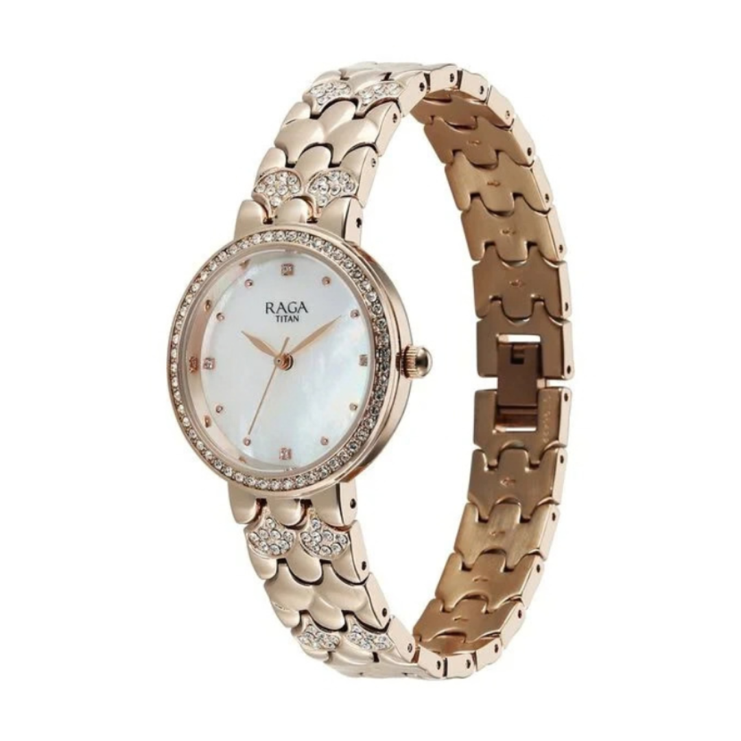 Titan 95422WM01 | Titan Raga Spotlight Quartz Analog White Dial Rose Gold Metal Strap Watch For Women