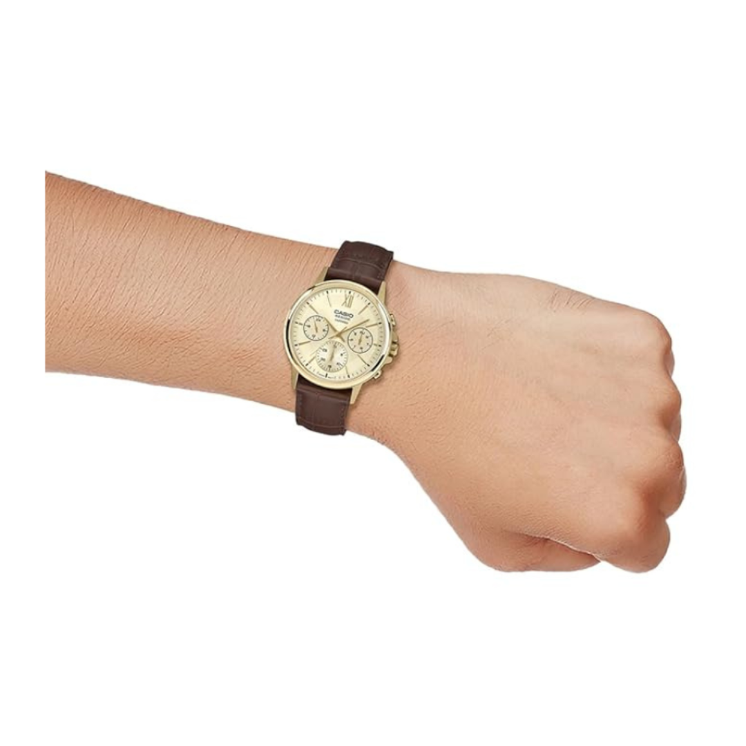 Casio BMS-300GL-5AVDF A2543 | Men Quartz Gold Dial Analog Leather Watch