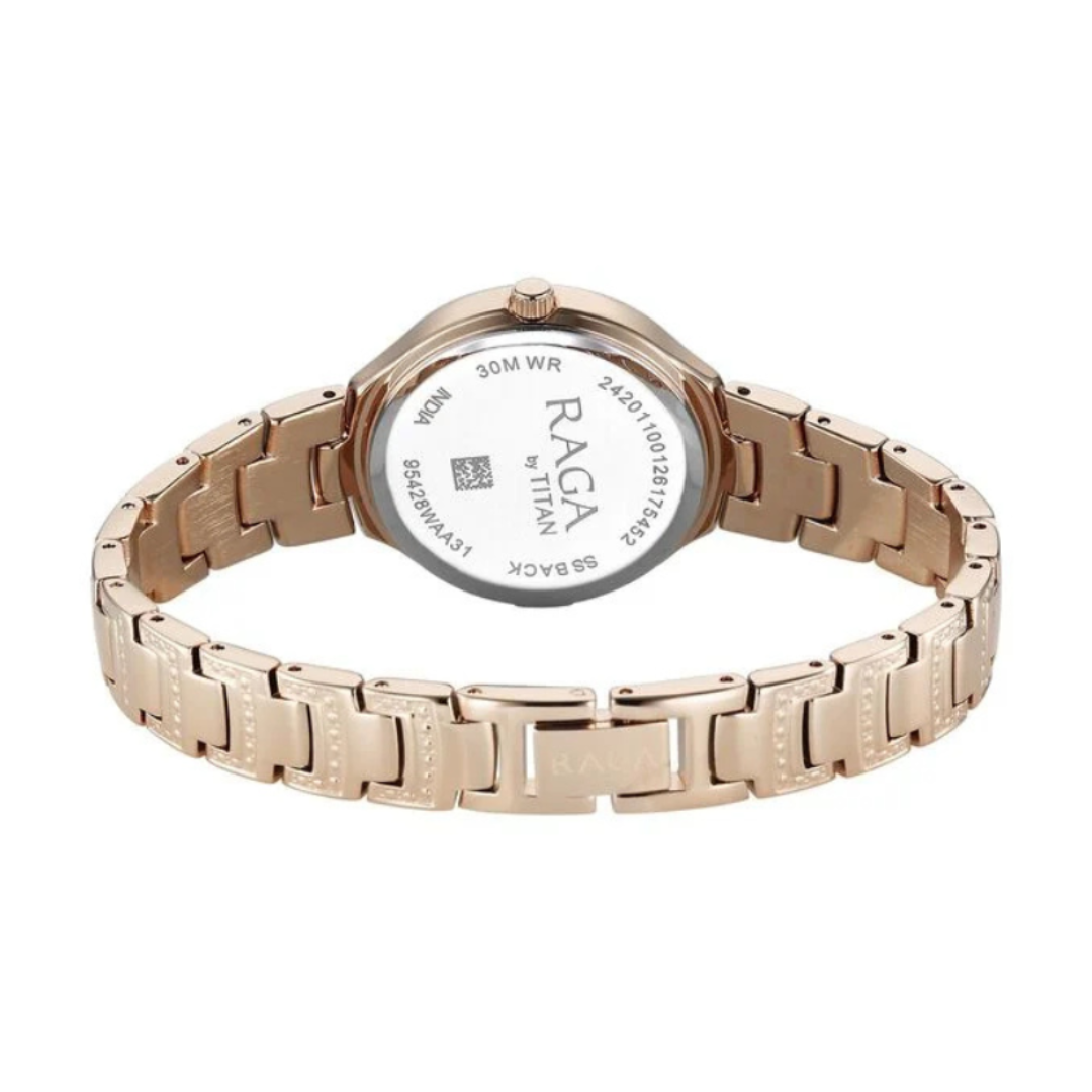 Titan 95428WM01 | Titan Raga Spotlight Quartz Analog Pink Dial Rose Gold Metal Strap Watch For Women