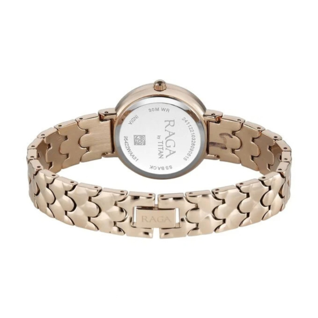 Titan 95422WM01 | Titan Raga Spotlight Quartz Analog White Dial Rose Gold Metal Strap Watch For Women