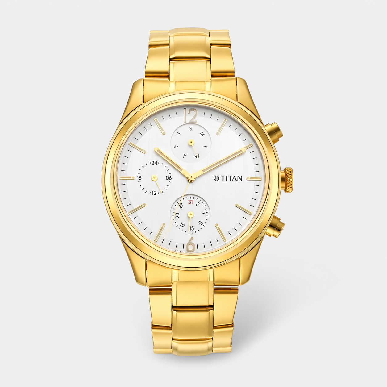 Titan 1805YM01 | Titan Black and Gold Silver Dial Analog with Day and Date Stainless Steel Strap Watch for Men