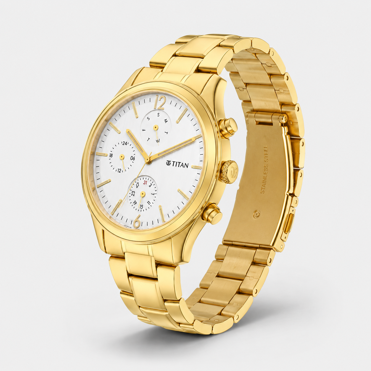 Titan 1805YM01 | Titan Black and Gold Silver Dial Analog with Day and Date Stainless Steel Strap Watch for Men
