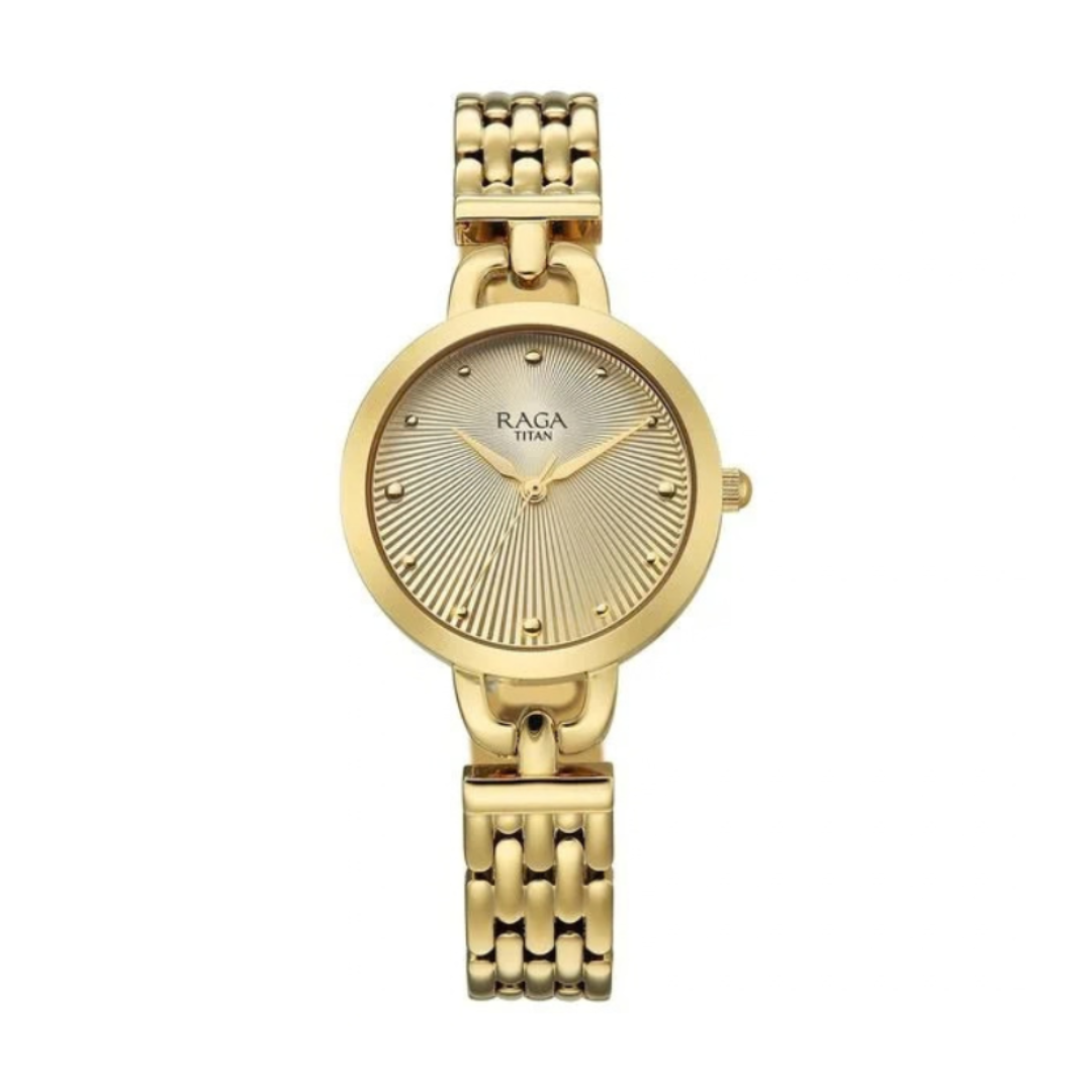 Titan 95349YM01 | Titan Raga Showstopper Quartz Analog Silver Dial Golden Metal Strap Watch For Women.