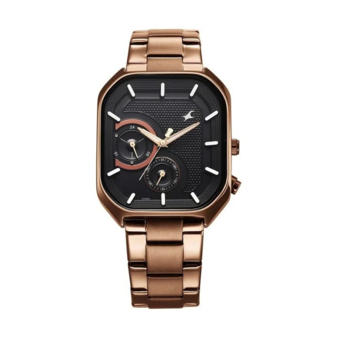 Fastrack 3321QM02 | Fastrack Groove Multifunction Black Dial Metal Strap Guy's Watch with Lume indices
