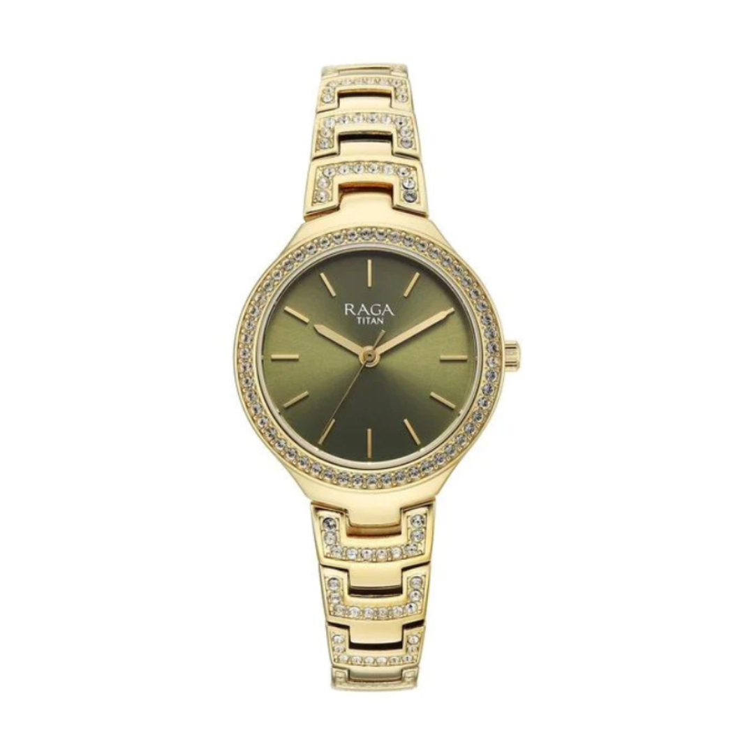 Titan 95428YM01 | Titan Raga Spotlight Quartz Analog Green Dial Golden Metal Strap Watch For Women