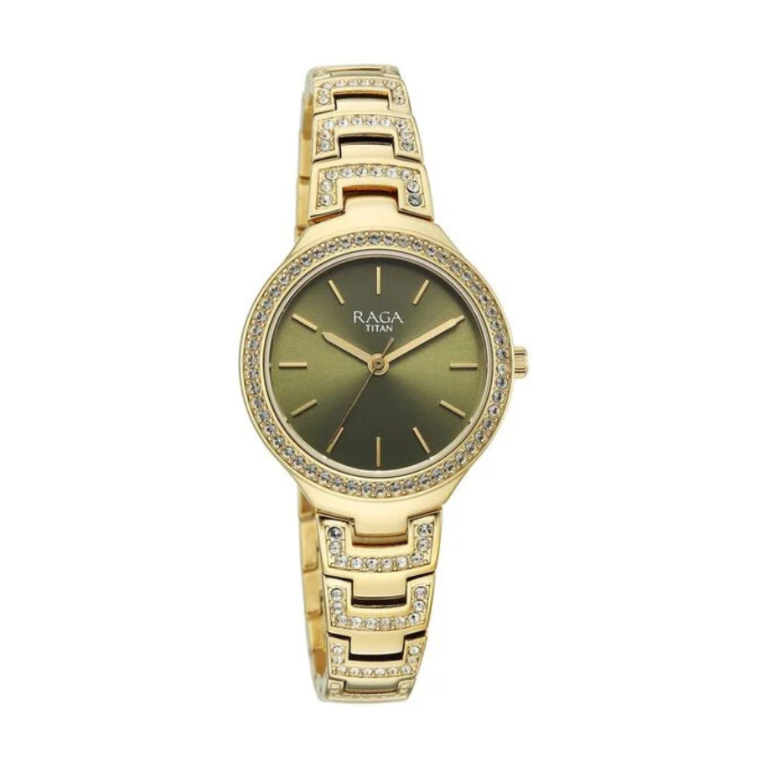 Titan 95428YM01 | Titan Raga Spotlight Quartz Analog Green Dial Golden Metal Strap Watch For Women