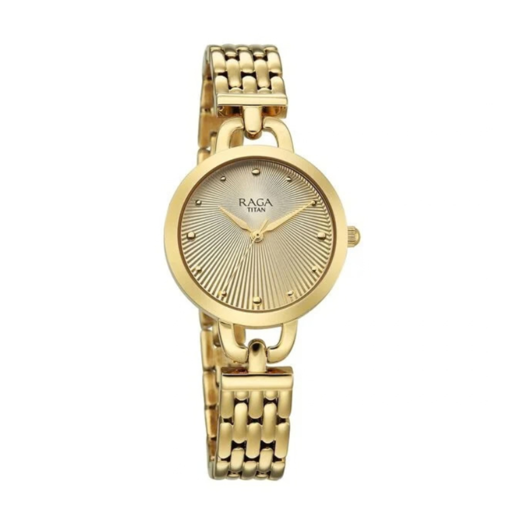 Titan 95349YM01 | Titan Raga Showstopper Quartz Analog Silver Dial Golden Metal Strap Watch For Women.