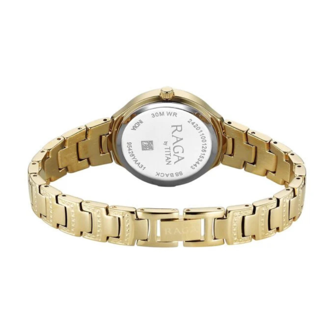 Titan 95428YM01 | Titan Raga Spotlight Quartz Analog Green Dial Golden Metal Strap Watch For Women
