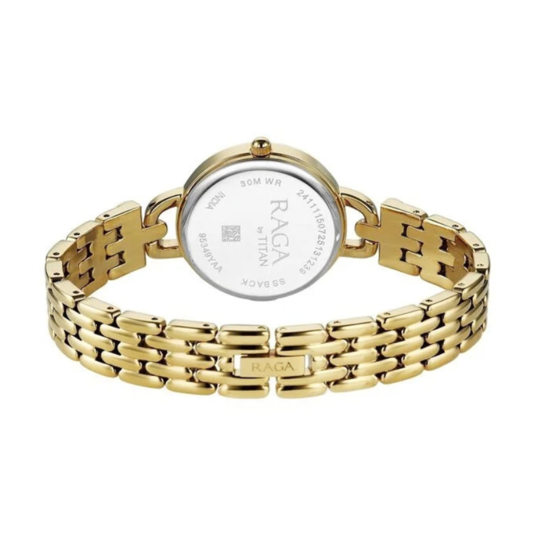 Titan 95349YM01 | Titan Raga Showstopper Quartz Analog Silver Dial Golden Metal Strap Watch For Women.