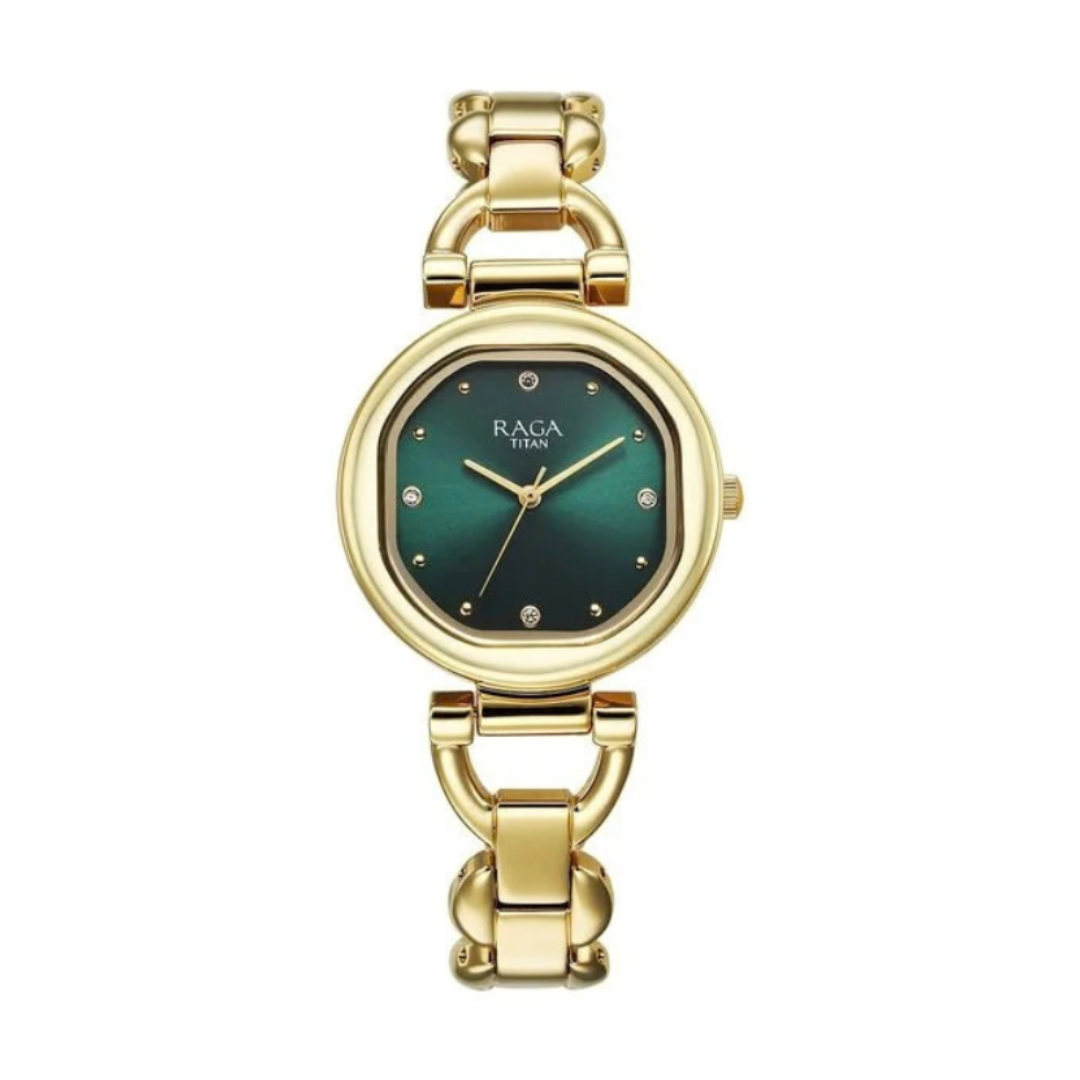 Titan 95301YM01 | Titan Raga Showstopper Quartz Analog Green Dial Metal Strap Watch For Women