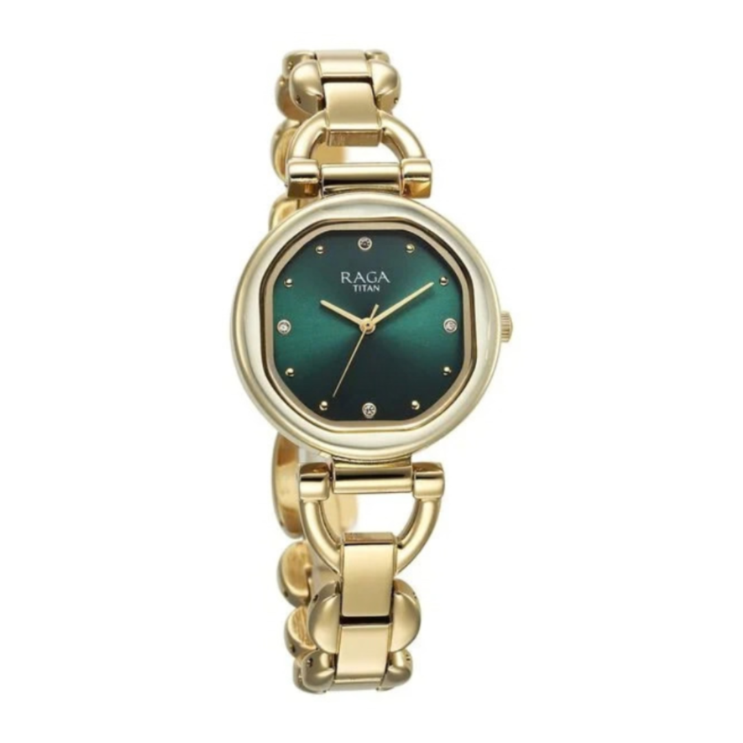 Titan 95301YM01 | Titan Raga Showstopper Quartz Analog Green Dial Metal Strap Watch For Women