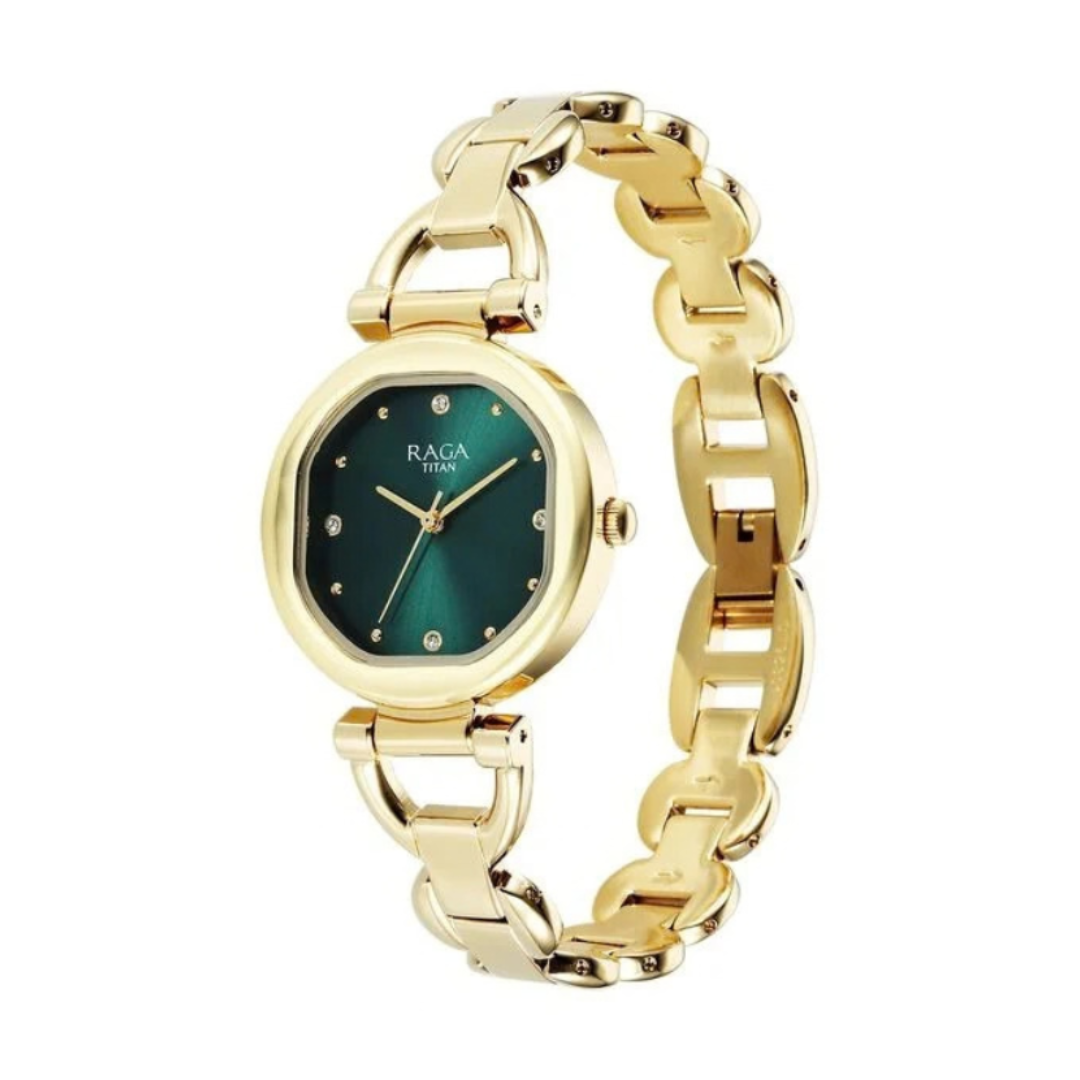 Titan 95301YM01 | Titan Raga Showstopper Quartz Analog Green Dial Metal Strap Watch For Women
