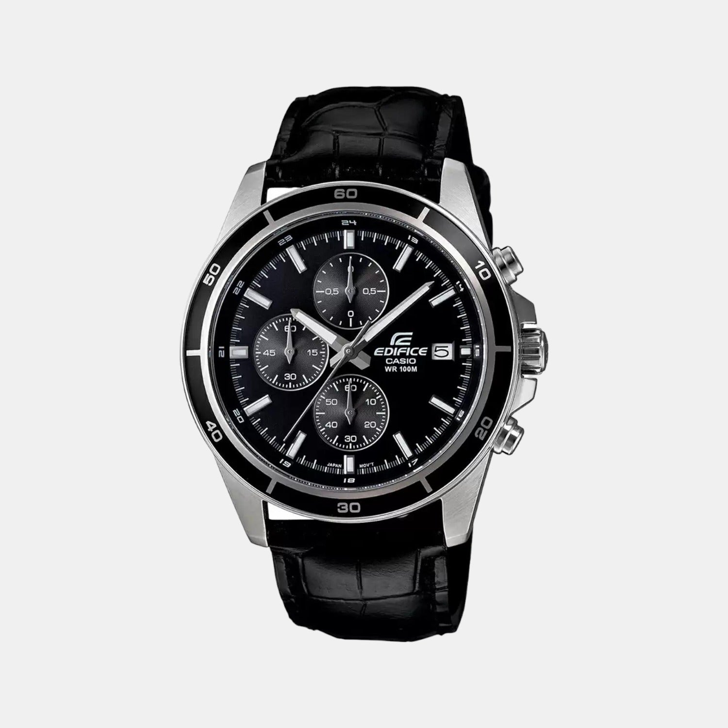 Edifice Men Quartz Black Dial Chronograph Leather Watch EX096