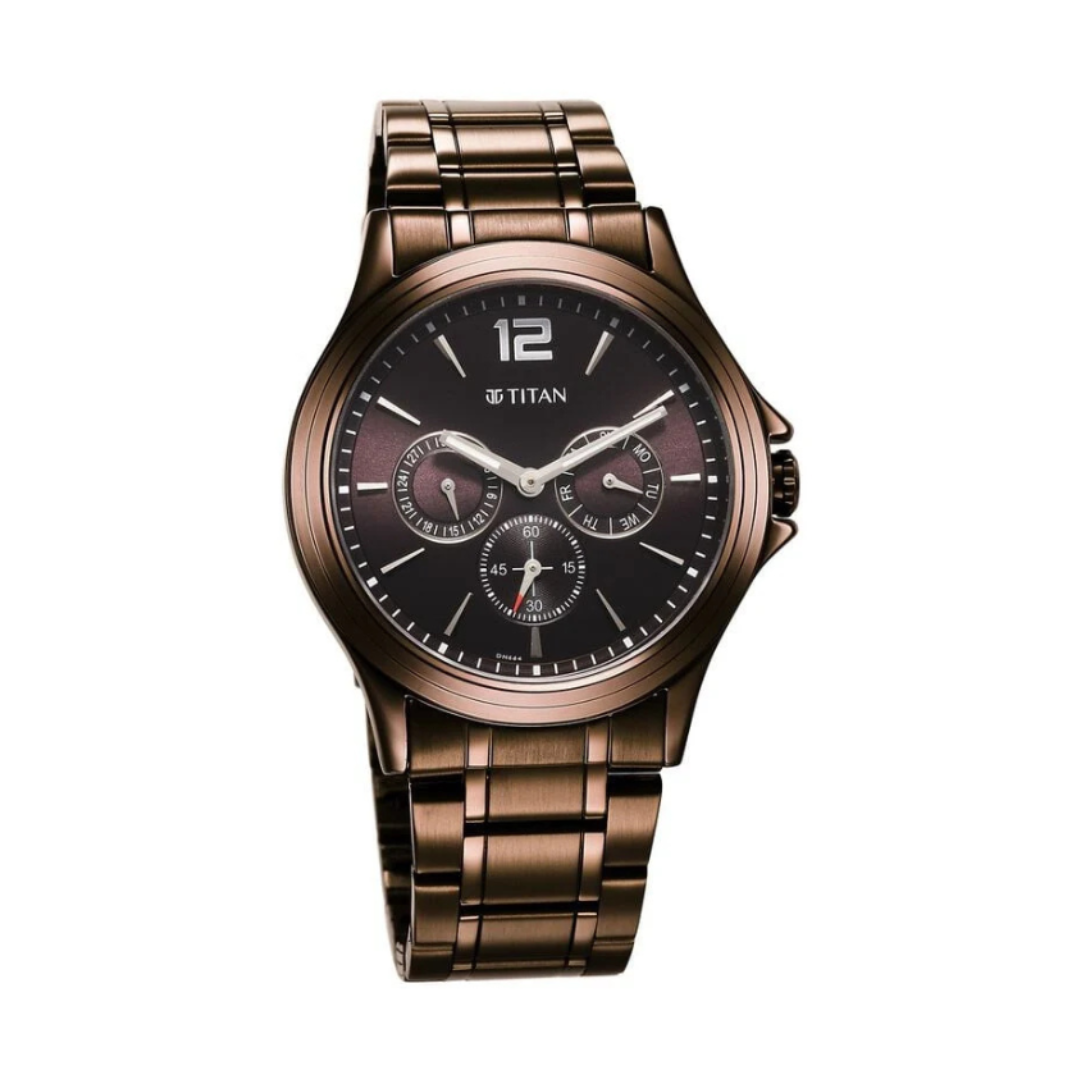 Titan 1698QM02 | Titan Neo Splash Quartz Multifunction Brown Dial Stainless Steel Strap Watch for Men