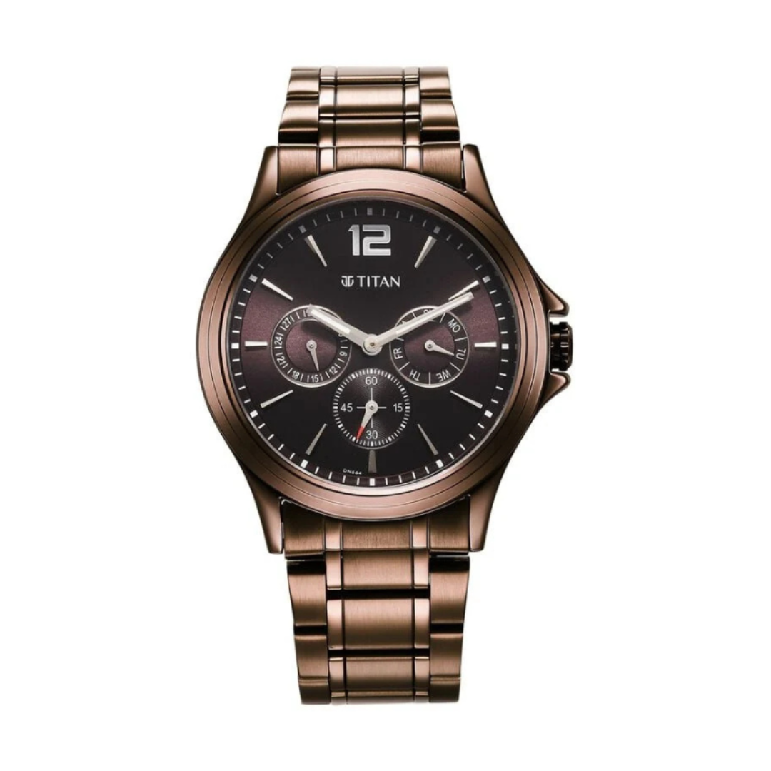 Titan 1698QM02 | Titan Neo Splash Quartz Multifunction Brown Dial Stainless Steel Strap Watch for Men