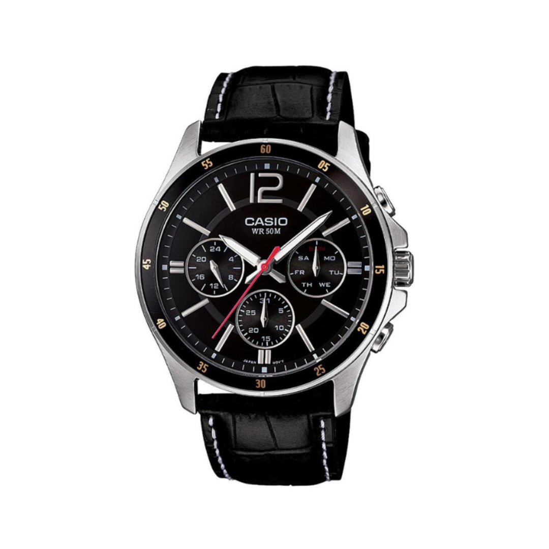 MTP-1374L-1AV A834 Enticer Men Quartz Black Dial Chronograph Leather Watch A834