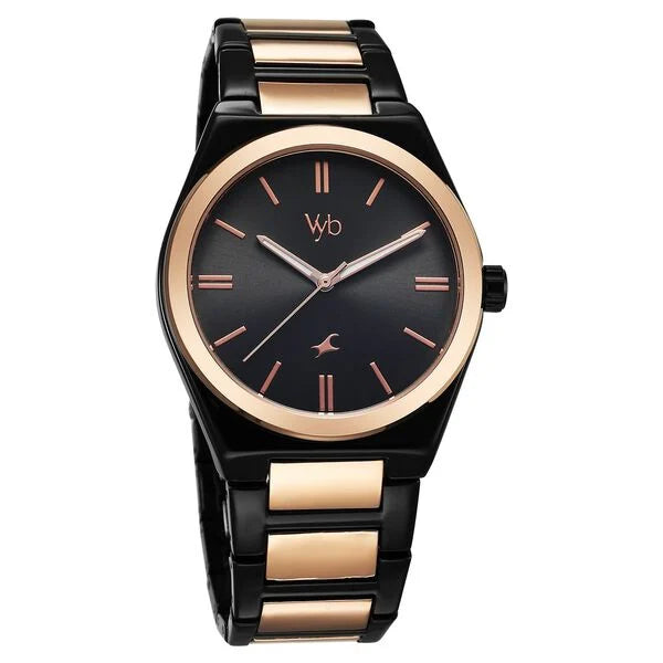Fastrack FV30010KM02 | Fastrack Vyb Nimbus Quartz Analog Black Dial Two Toned Color Metal Strap Watch For Guys