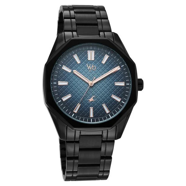 Fastrack FV30042NM01 | Vyb Quest By Fastrack Quartz Analog Blue Dial Black Metal Strap Watch For Guys