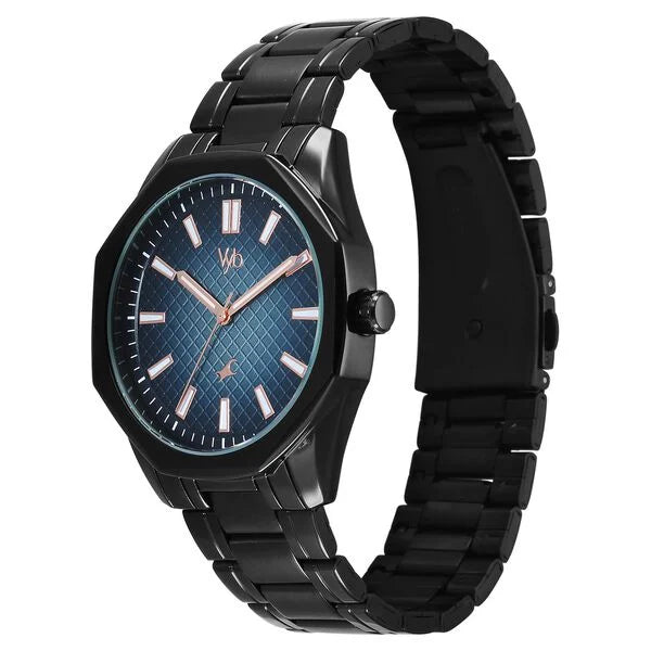 Fastrack FV30042NM01 | Vyb Quest By Fastrack Quartz Analog Blue Dial Black Metal Strap Watch For Guys