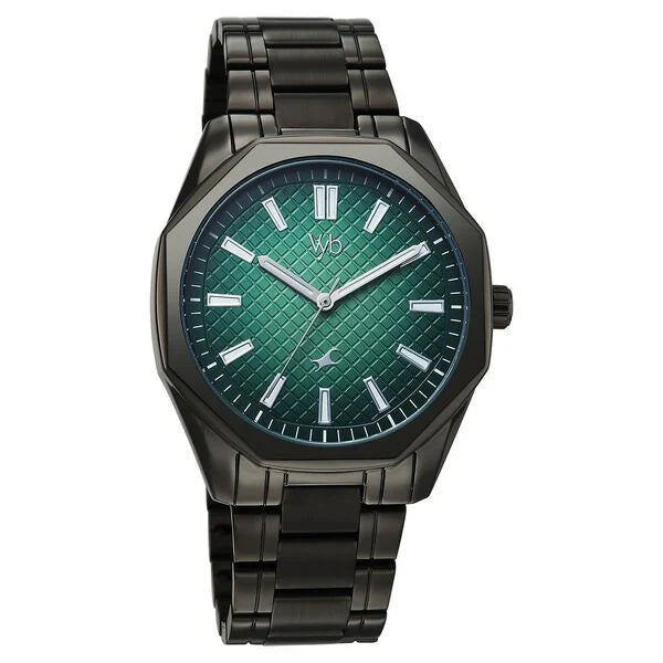 Fastrack FV30042QM02 | Vyb Quest By Fastrack Quartz Analog Green Dial Grey Metal Strap Watch For Guys